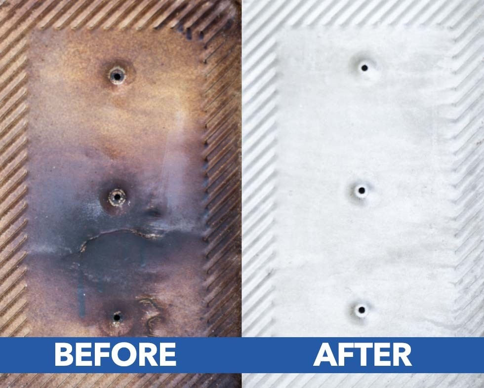 Before and after shot of tray cleaned with dry ice blaster